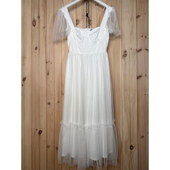 NWT Lulus Dreamy Celebration White Tulle Bustier Swiss Dot Midi Dress Bride XS - Picture 8 of 10